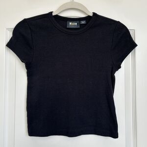 Anthropologie Maeve Top Women M Black Ribbed Stretch Crew Neck Short Sleeve Tee